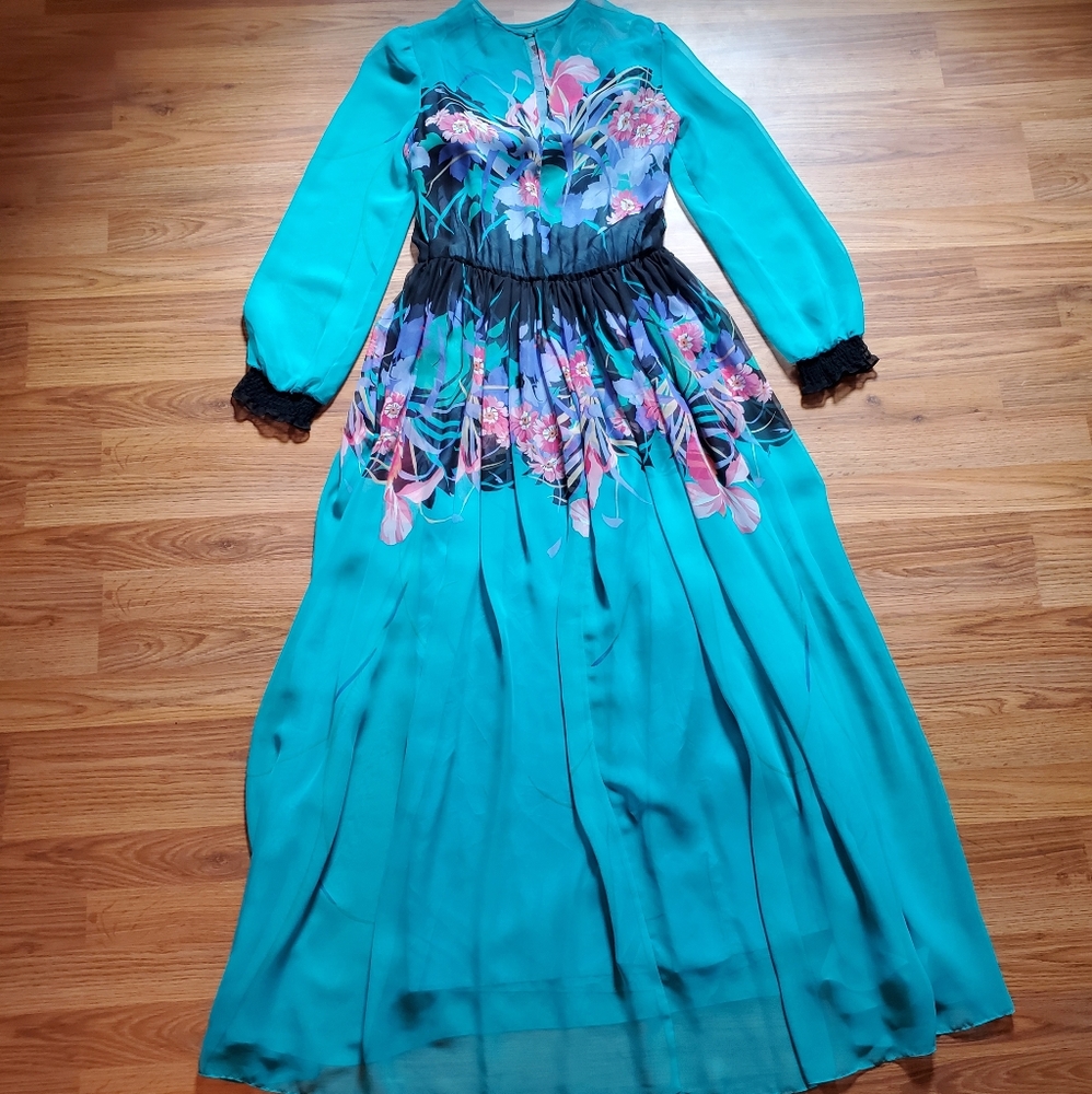 Vintage Teal Floral Longsleeve Maxi Dress - Picture 3 of 6